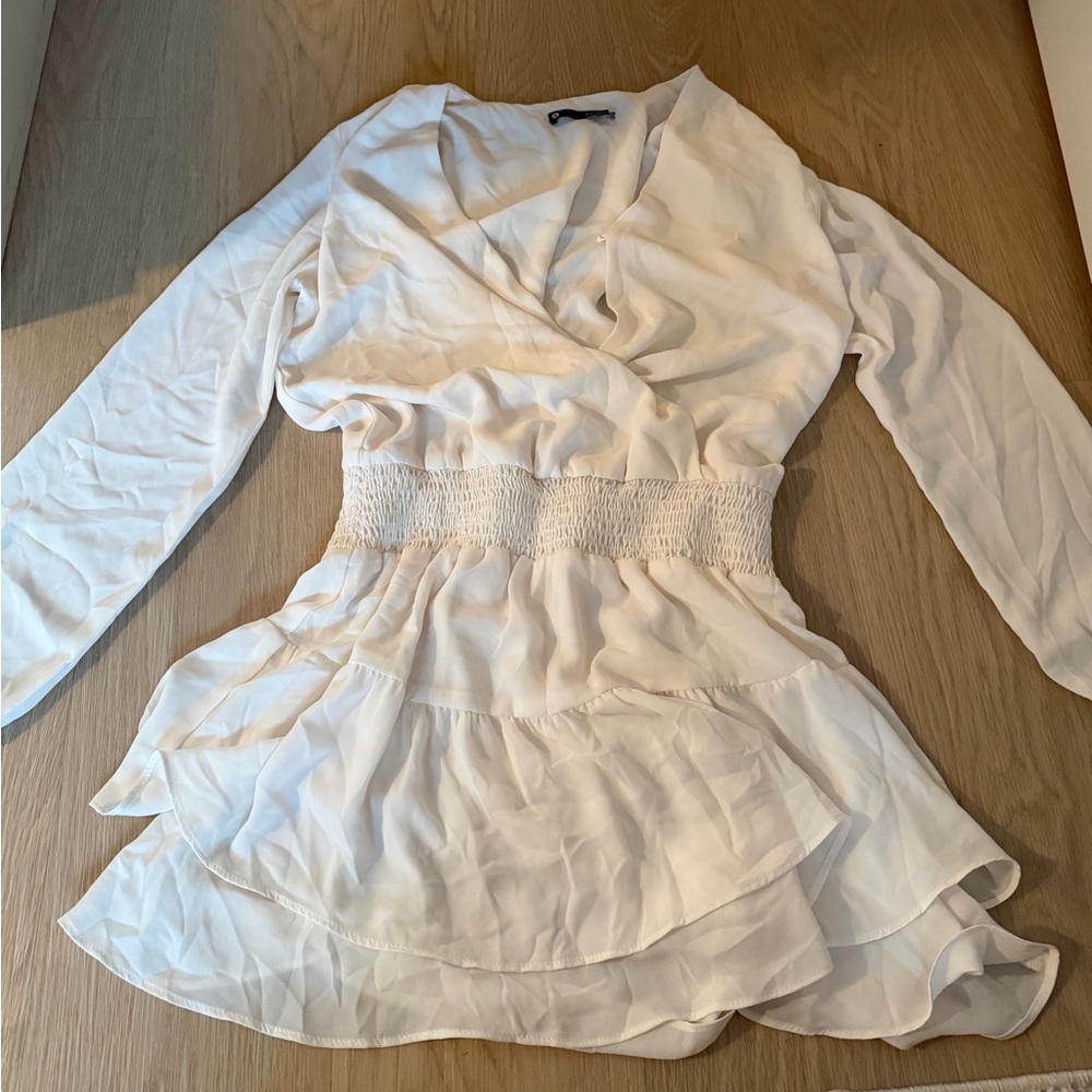 Revolve  Cream Long-Sleeve Wrap Dress with Smocked Waist